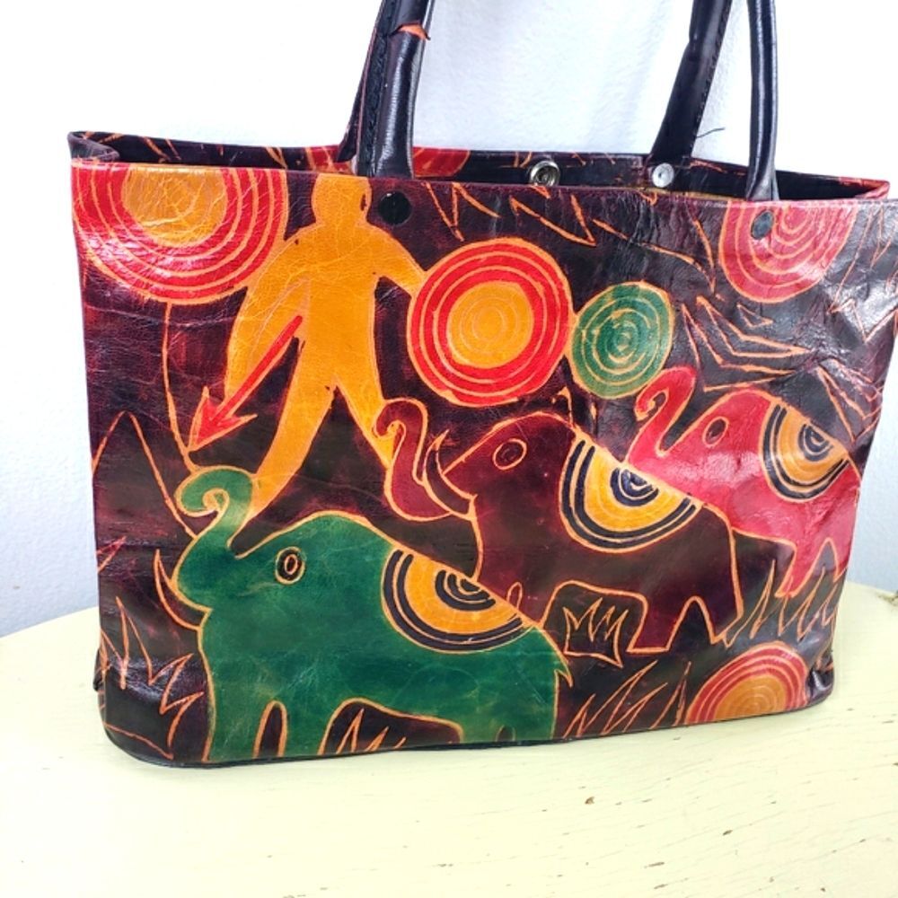 Women's Vintage Handmade Leather Colorful Elephant Snap Handbag Purse - Picture 7 of 12